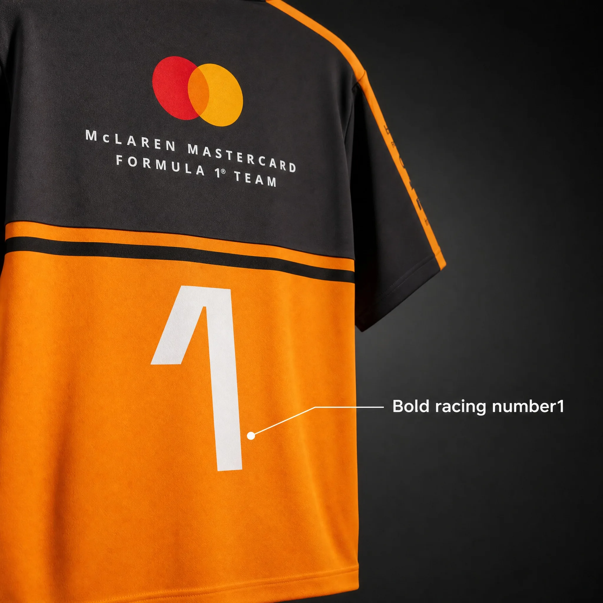 Herren F1 McLaren Team T-Shirt LN1 Signature Back No.1 Bedrucktes, gespleißtes, schwarz-orangefarbenes, kurzärmeliges, lässiges Renn-T-Shirt – Detail 4