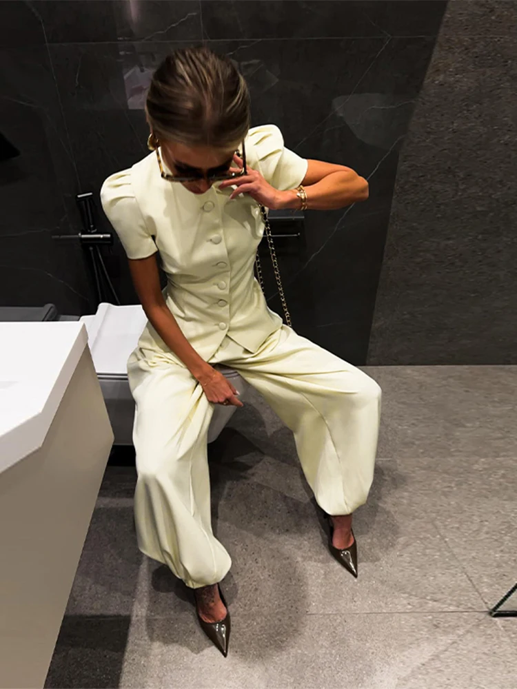 Puffärmel-Oberteil mit Taillenschnürung und Laternenhose für Damen, Streetwear-Set mit Einreiher-Oberteil und Weiter Hose, Schicke Damen-Sets – Detail 14