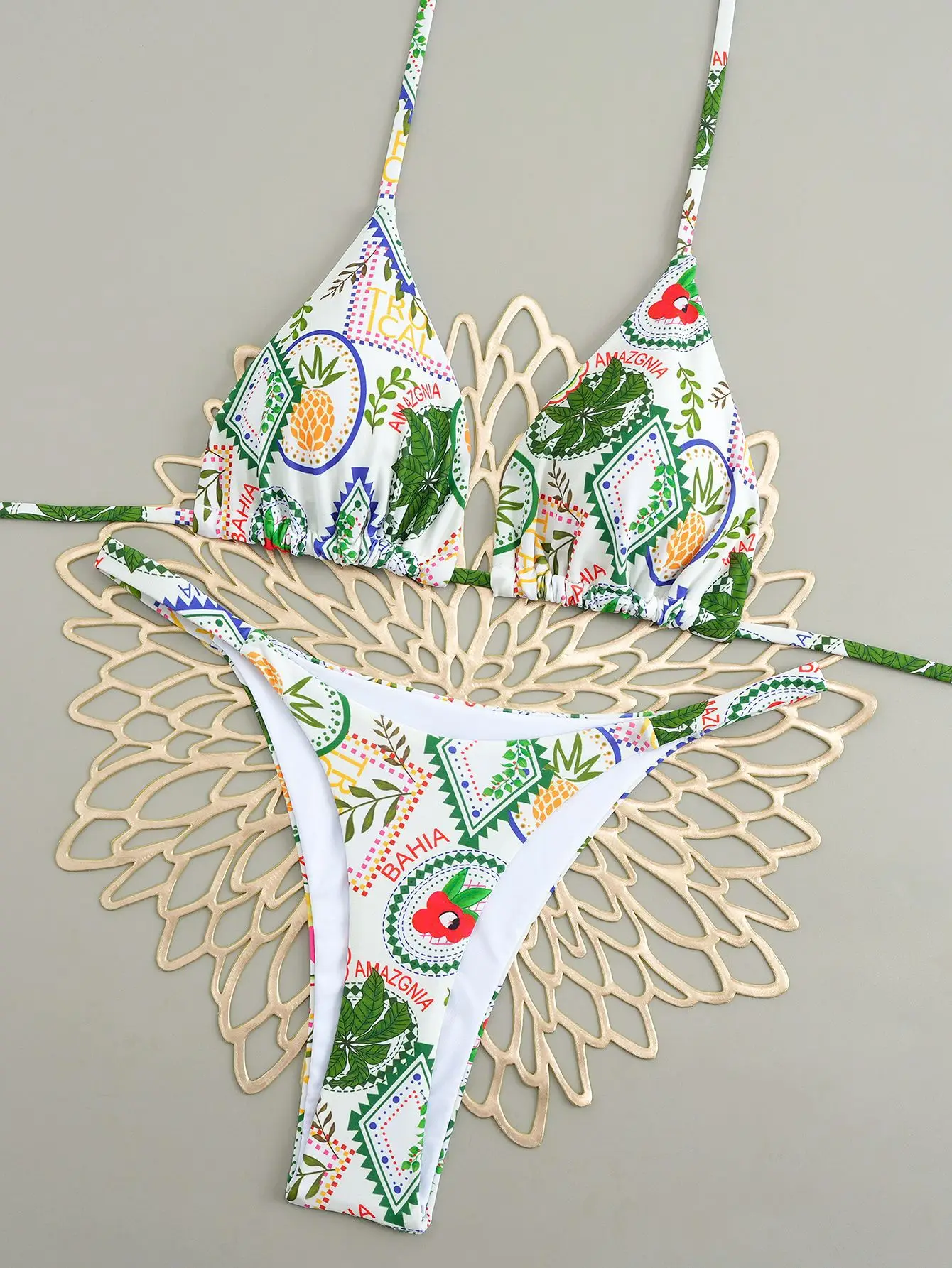 Sexy Kirschdruck Dreieck Brasilianischer Bikini Push Up Badeanzug 2-teiliger String Bandage Bikinis Bademode Damen Tanga Badeanzug