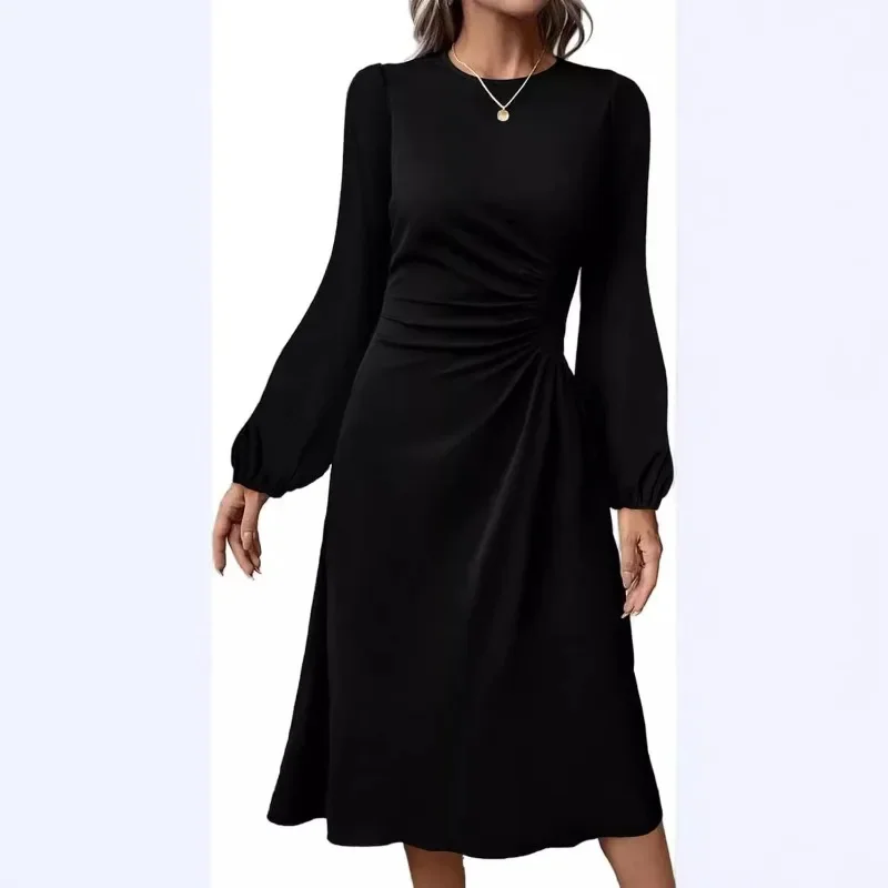 High Waist A-Line Dress Women's Autumn Winter New Style Pure Color Pleated Long Sleeve Dress Elegant Sensation