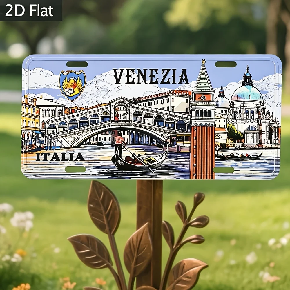 2D Flat, Italian Venice Italian Aluminum Replica - 30.48x15.24cm Aluminum Plate Wall Decoration with Gondola and Rialto Bridge D