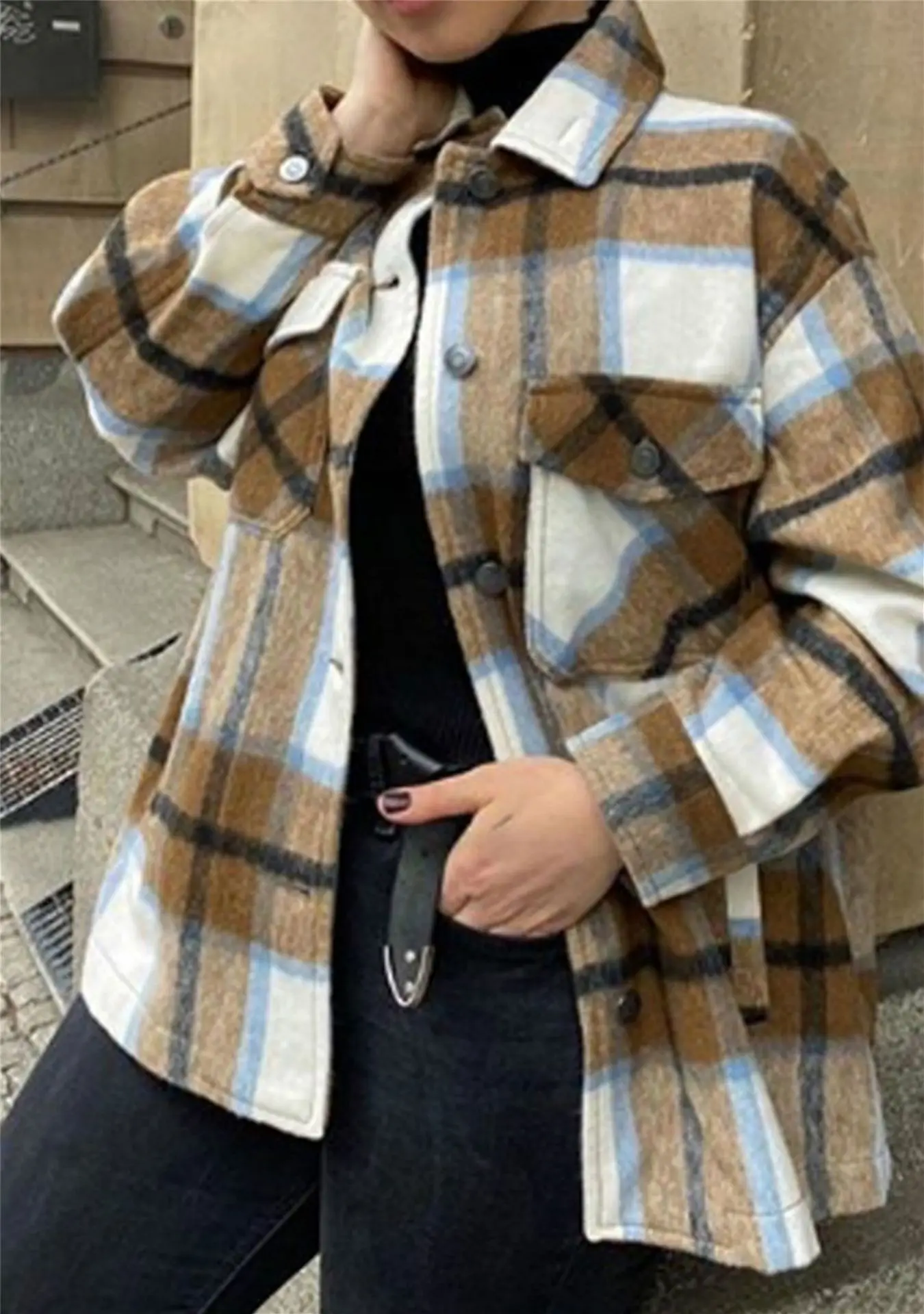 

2025 Plaid Long-sleeved Jacket Women's Clothing European and American Winter Fashion Lapel Single-breasted Jacket