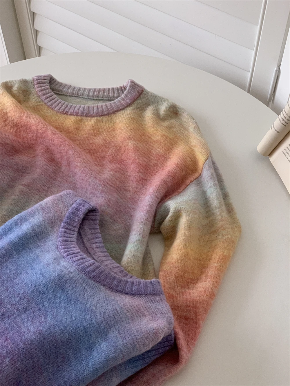 Comfortable Long Sleeve Knitted Sweater Soft Rainbow Gradient Hong Kong Style Loose Layering Women's Fashion Commute Style