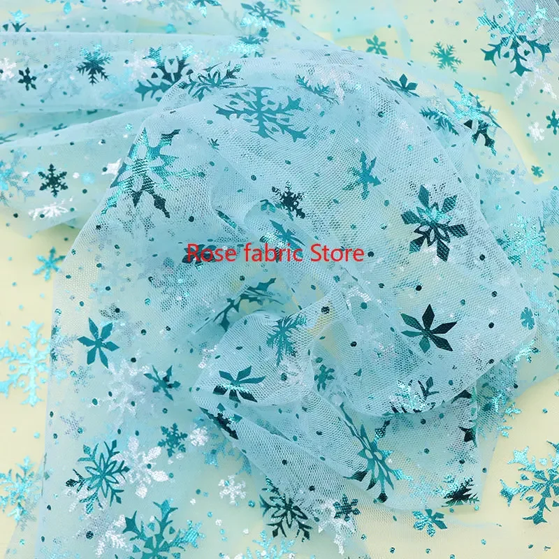 8 colors Silver snowflake Print lace Fabric Green Ice snowflake mesh tulle for Girl dress tutu dress shot props Christmas dress