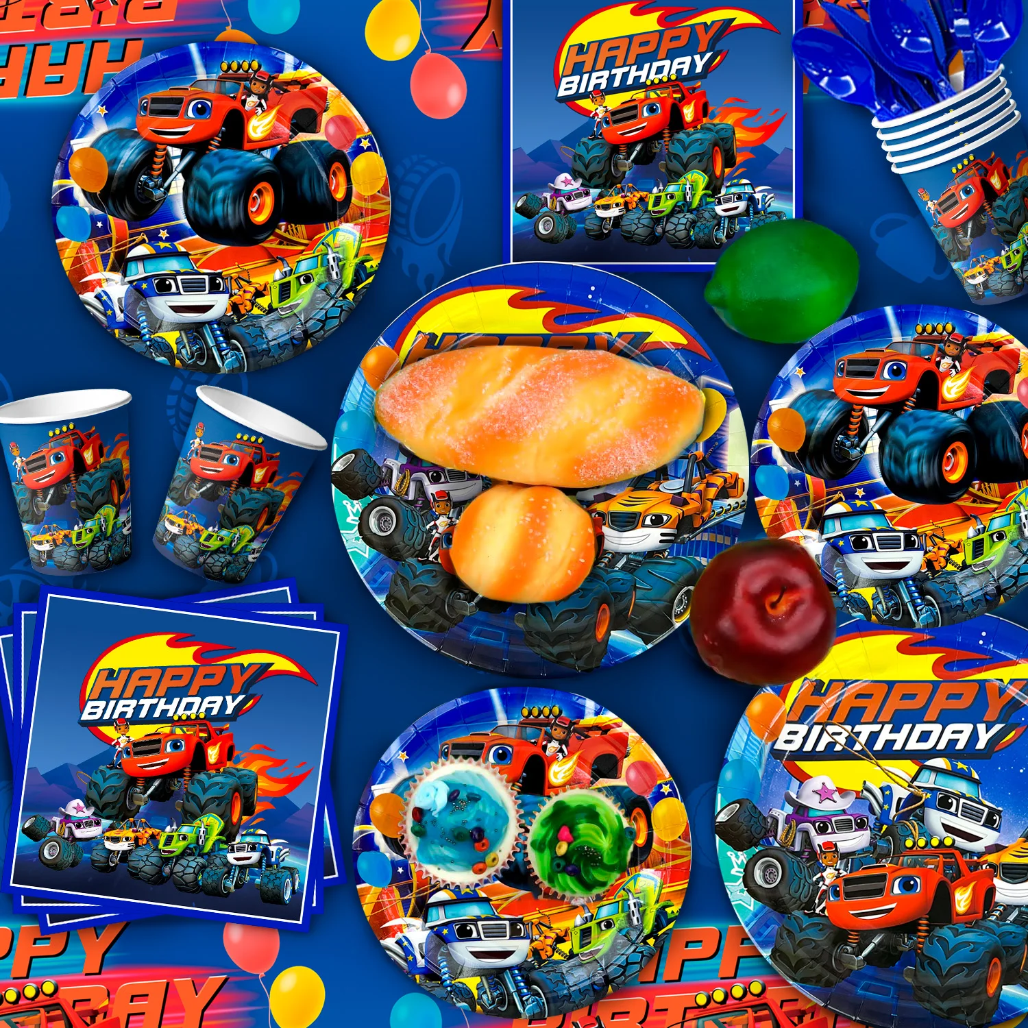 Monster Truck Birthday Party Supplies,113pcs Tableware Set-Monster Trucks Birthday Plates Napkins Paper Cups Tablecloth etc