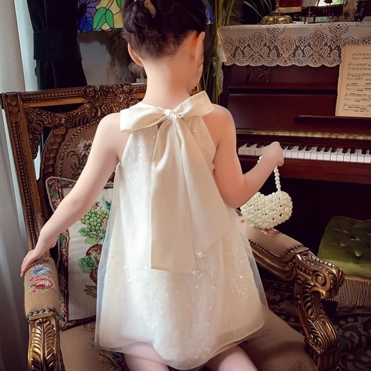 Children Princess Dresses Girls Sequin Bow Dress Kids Baptism Birthday Gown Baby Christening Sleeveless Tutu Dress 2-10 Years