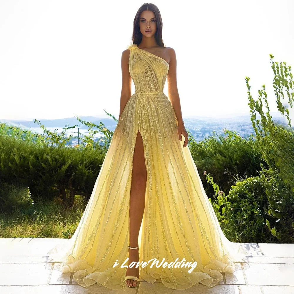 

Yellow One Shoulder Evening Dress 2025 Sequin Bow Beaded A-Line Side Split Prom Dress Saudi Arabic Wedding Party Dress Customize