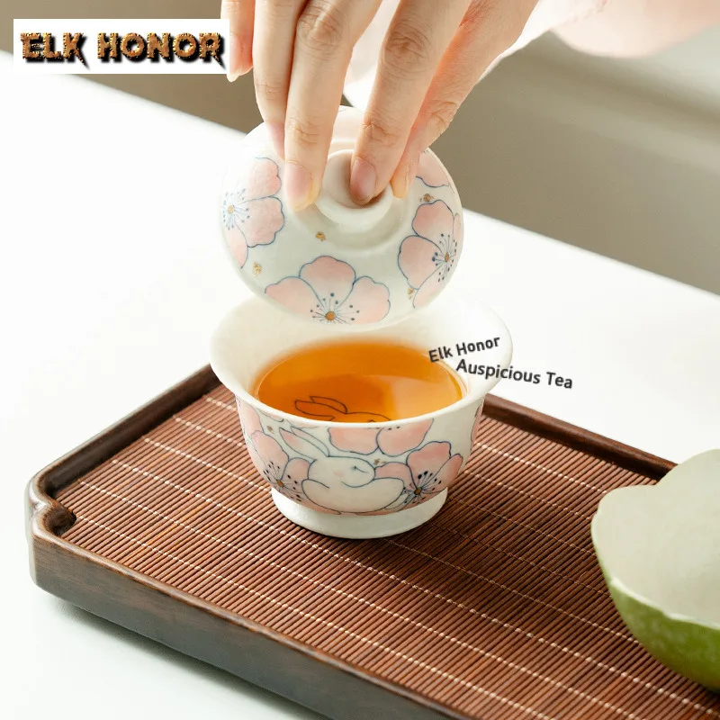 105ml Hand-painted Peach Blossoms Gaiwan Japanese Tea Tureen Tea Bowl with Lid Kit Tea Making Cover Bowl Tea Items Decoration
