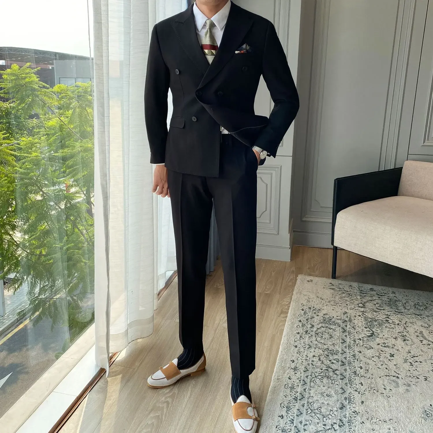 2 Piece Outfit Set Male Double Breasted Wedding Groom Coffee Full Men\'s Suits and Blazers Ceremony Korean Gentleman Pants Luxury