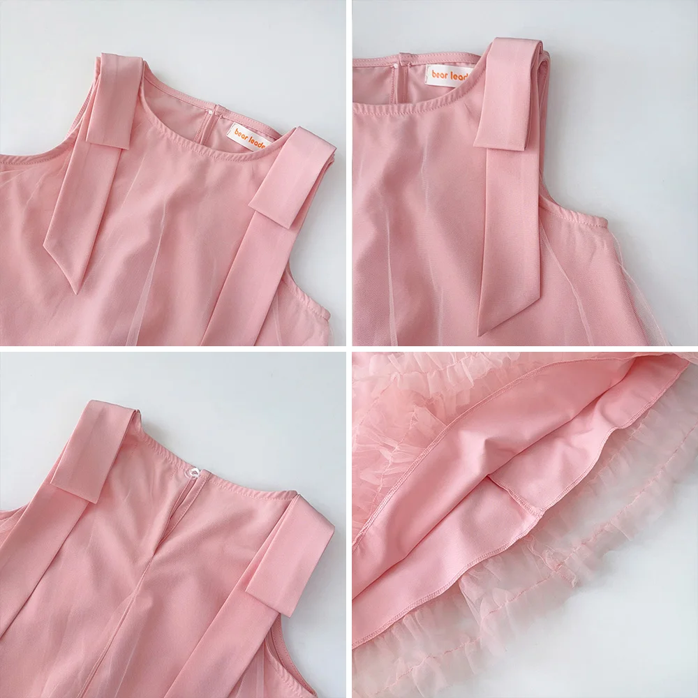 Bear Leader Summer Baby Girls Birthday Princess Dress Korean Version Bow Sleeveless Mesh Wedding Party Wear Sweet Kids Clothes