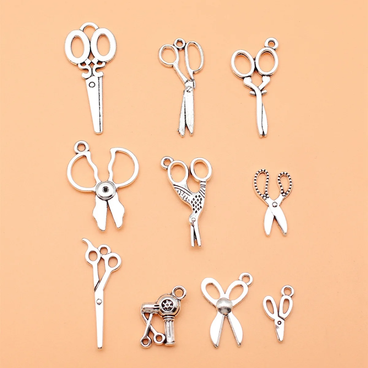 10 sztuk antycznych srebrnych nożyczek Charms Collection do samodzielnego tworzenia biżuterii, 10 stylów, 1 każdy