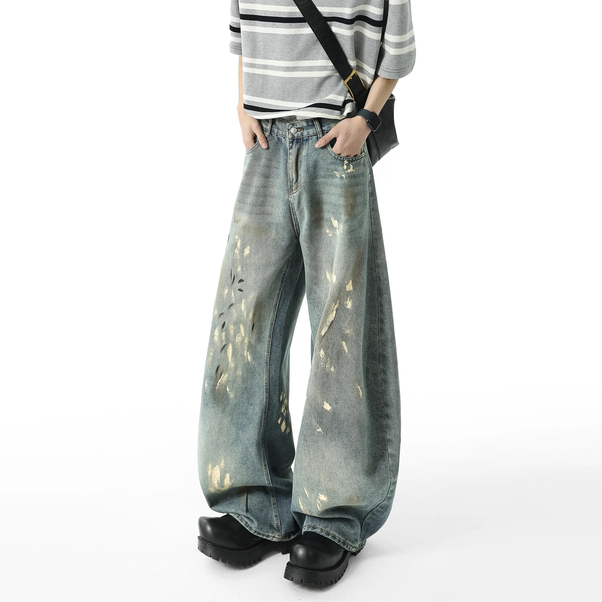 Men Blue Washed Denim Jeans Loose Fit Wide Leg Baggy Streetwear Casual Trousers Hip Hop Graffiti Design Fashion Stretch Comfort