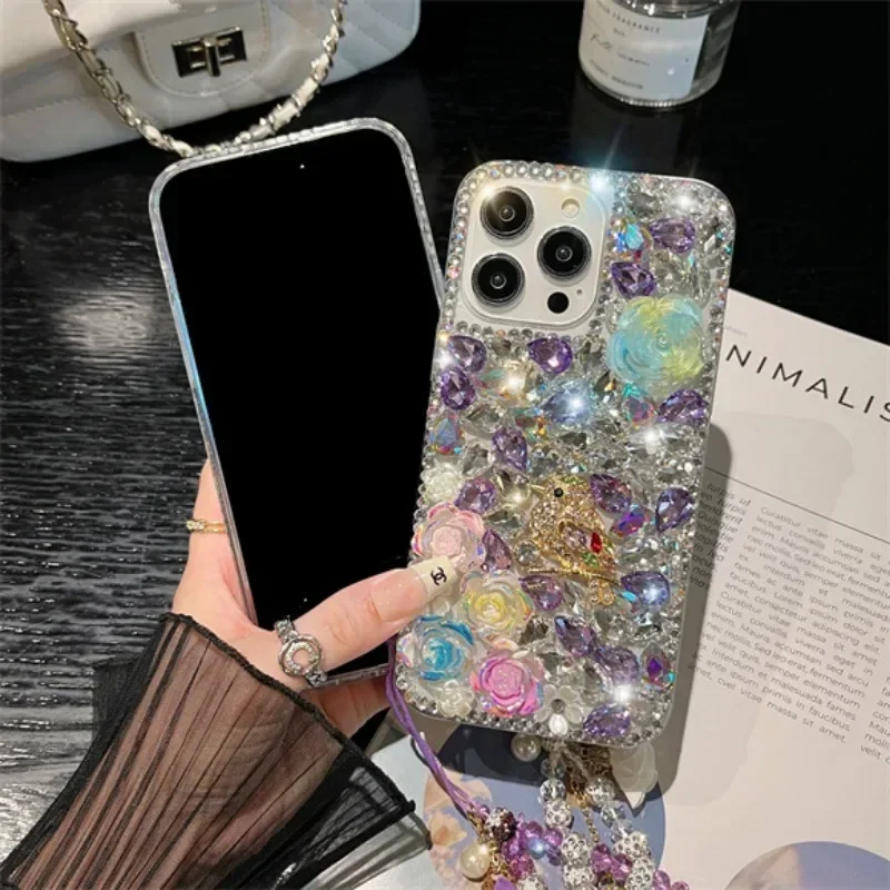 

Luxury Diamond Singing Birds and Fragrant Flowers Rhinestone Case for Xiaomi Redmi 13C 12C 13R Note 11 13 12 Pro Plus Cover