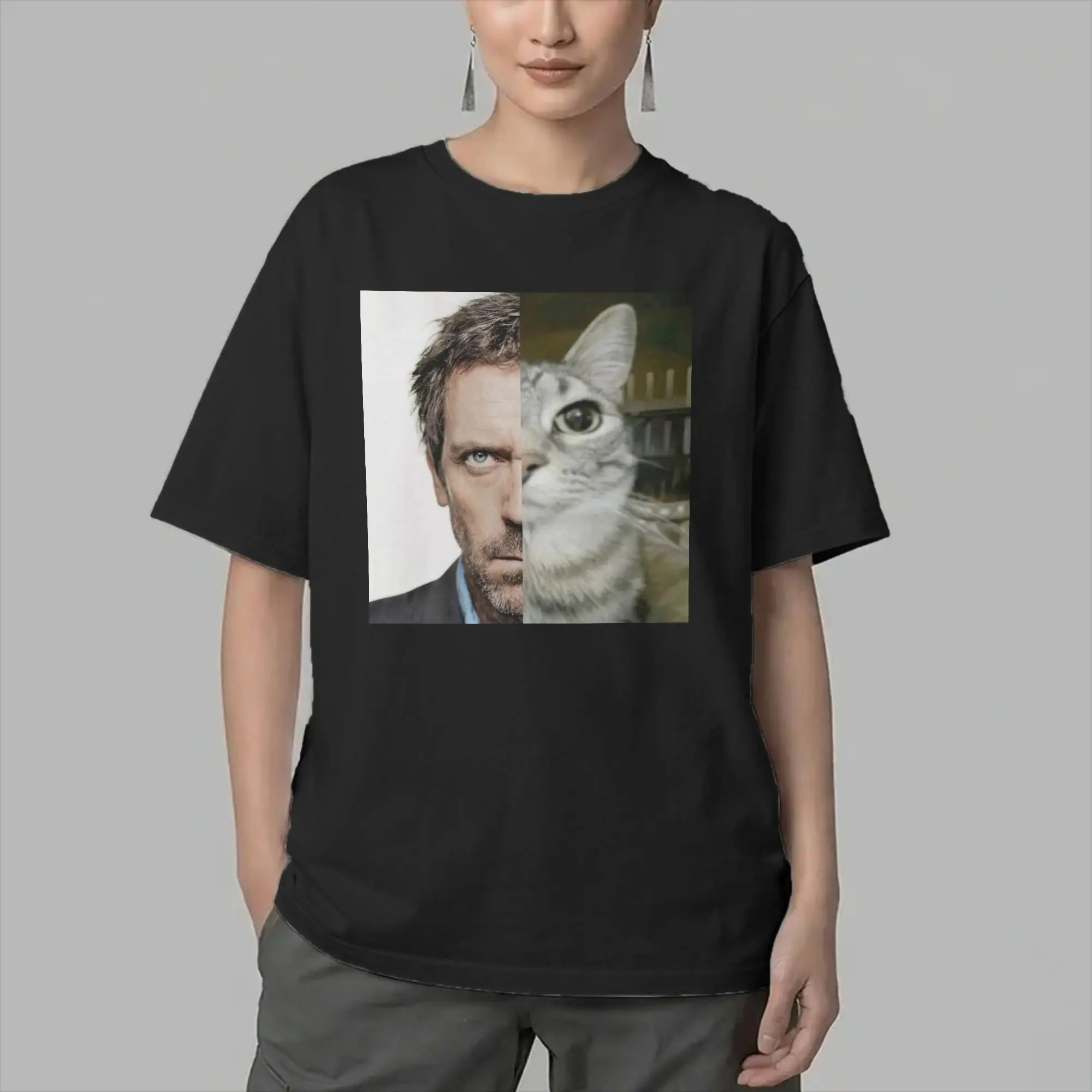 Men's House MD Cat Meme T Shirts  Pure Cotton Clothes Novelty Short Sleeve Round Neck Tees Plus Size T-Shirt