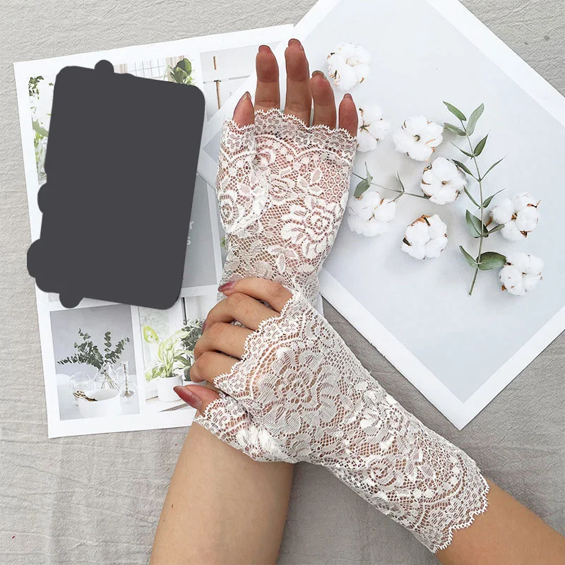 1pair Fashion Lace Gloves For Women Spring Summer Half Finger Elastic Outdoor Sunscreen Gloves Short Breathable Driving Gloves