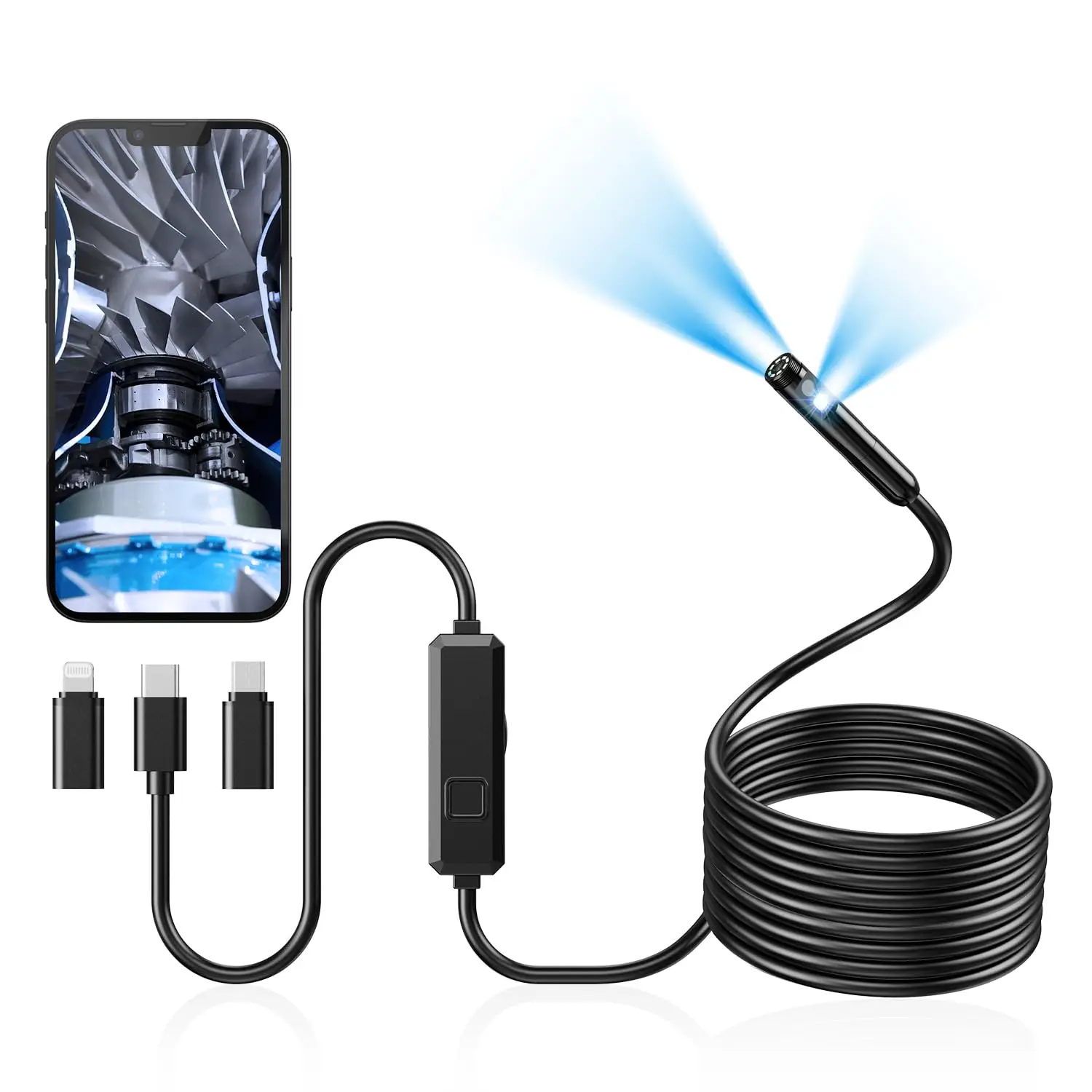 

Endoscope Camera with Light, Dual-Lens 1920P HD Borescope, 8 LED Lights, IP67 Waterproof, 16.4ft Semi-Rigid Snake Camera for iOS