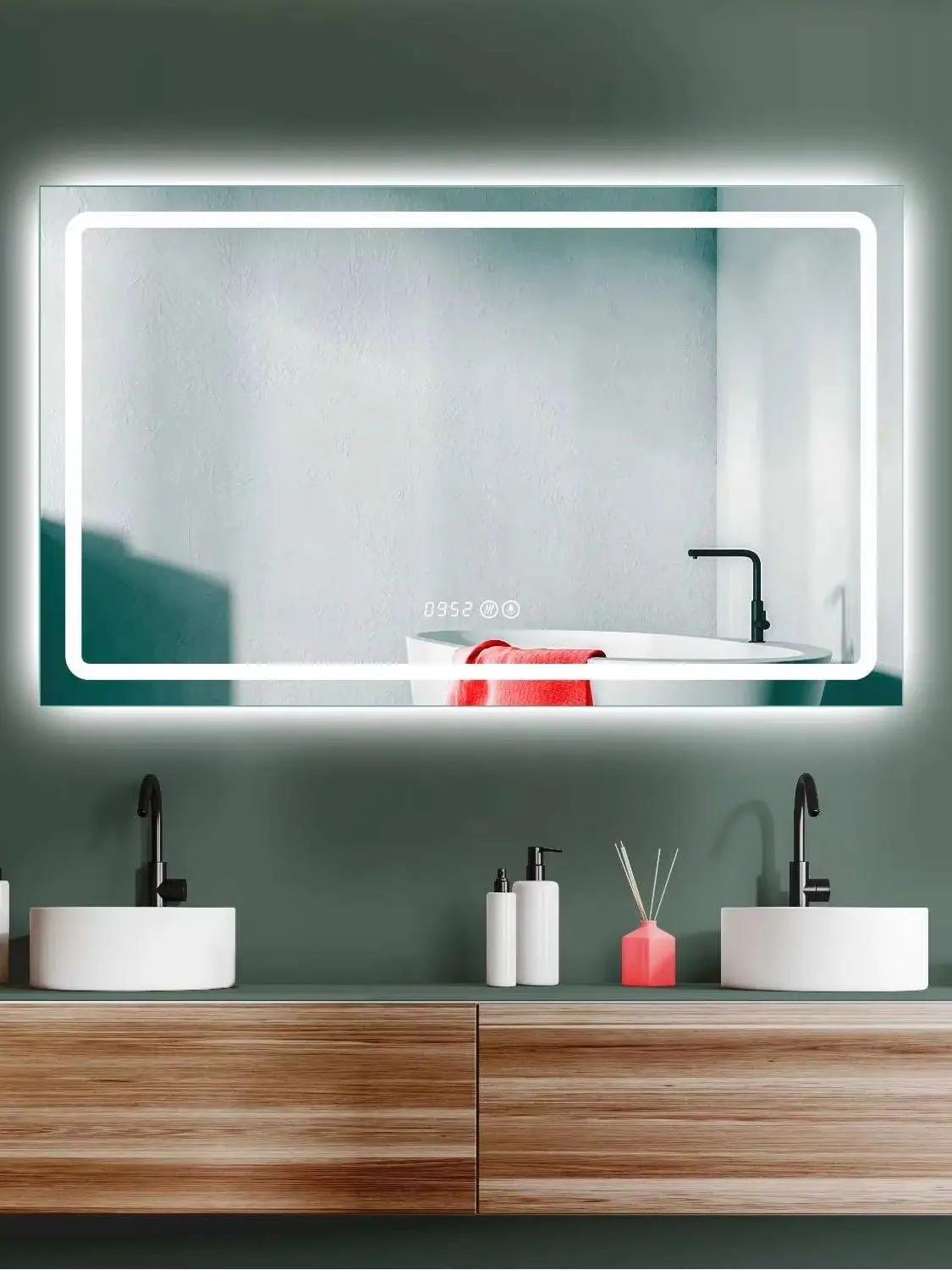 HOKO ® Grand miroir de salle de bain LED 60x100cm. Avec fonction ANTI-FOG et horloge. Miroir XL + interrupteur tactile + changement de LED