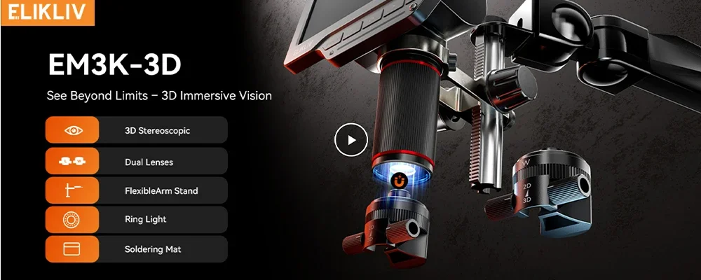 Elikliv EM3K-3D Max 10,1' 3D-Digitalmikroskop mit magnetischer Doppellinse, HDMI 3K, Löt-Mikroskop für Elektronik mit flexiblem Arm – Detail 1
