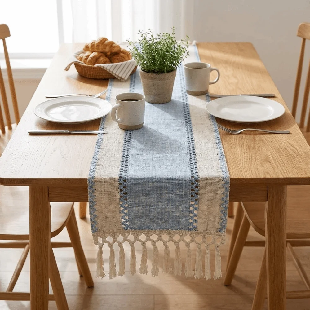 Creative Hand-Knotted Tassel Hollow Out Table Runner Vintage Thickened Long Table Runner Rustic Tablecloth Festive Decoration