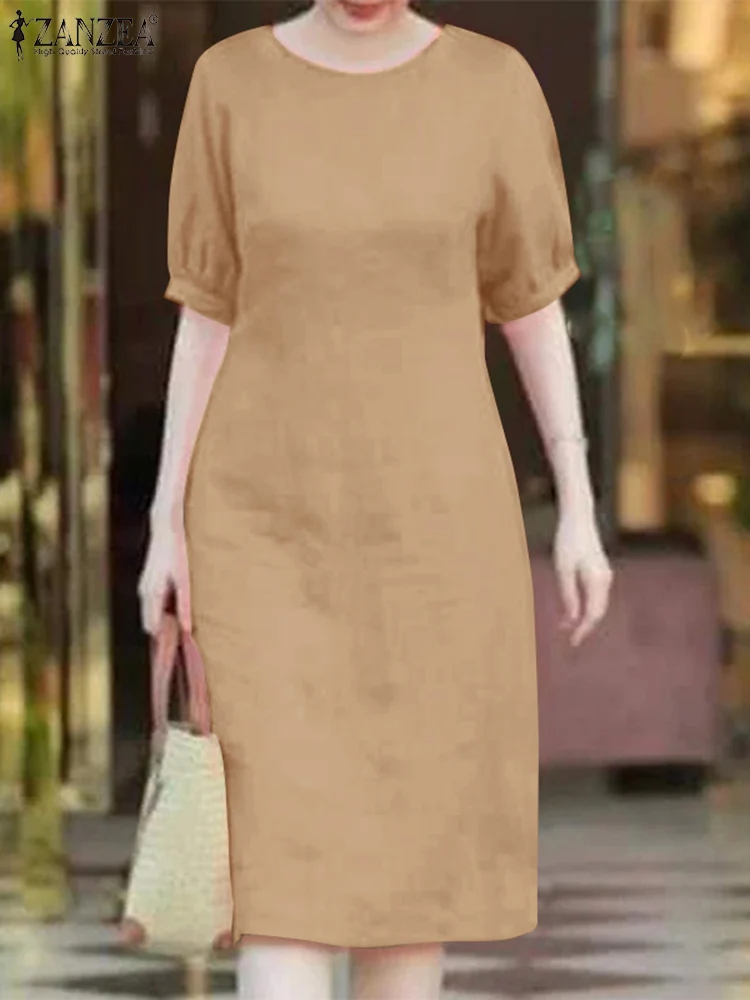 ZANZEA letnia damska O dekolt z krótkim rękawem Sundress jednokolorowa na co dzień luźna sukienka do pracy szata Femme Vintage Midi Vestido Kaftan