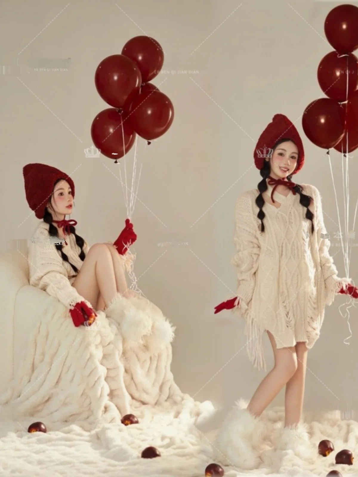 

Cute Little Red Hat Christmas Theme Sweater Photography Studio Girl Artistic Portrait Clothing Polyester Fiber Stage Costume