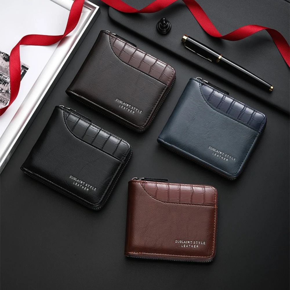 Multifunctional Large Capacity Card Holder with Crocodile Pattern Zipper Closure and Stitching Men Fashion Wallet Trifold Purse