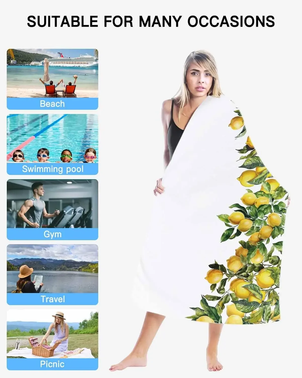 Beach Towel Beach Blanket,Summer Yellow Lemon Green Leaves Farm Fruits Beach Towels Quick Dry Sand Proof Oversized Towel