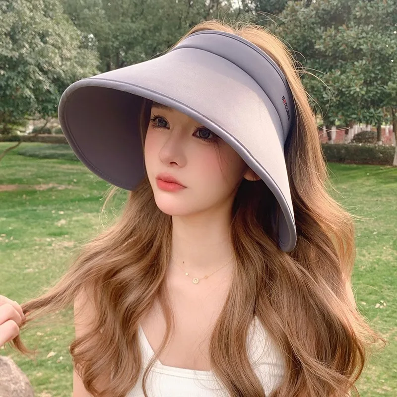 Wide Brim Uv Protection Foldable Empty Top Sun Hat For Women Summer Beach Sunscreen Cotton Ice Silk Visor Cap Multiple Colors