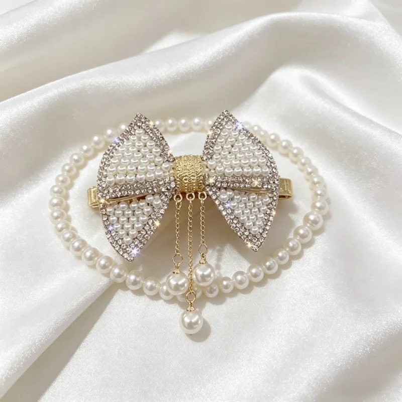 

Women's New Bow Hair Clip, Imitation Pearl Rhinestone Spring Clip, Luxury High-End Hair Accessory