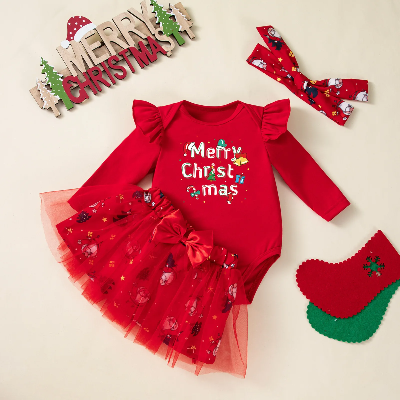 

Baby Girl Christmas Outfit Letter Long Sleeve Romper Bow Tulle Skirt and Headband 3 Piece Set