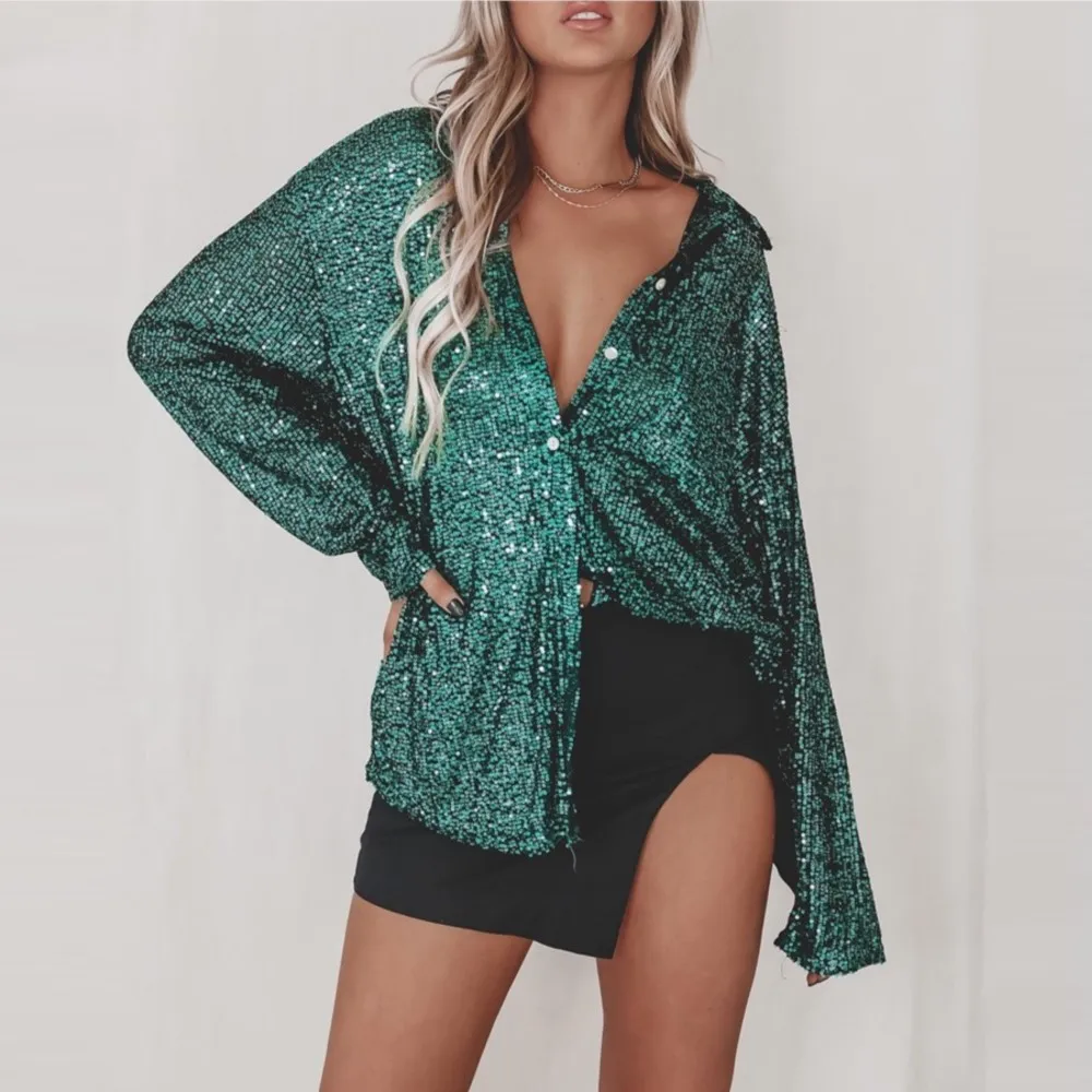 

Fashion Sequin Bling Shirt For Women Spring Autumn Long Sleeve Blouses And Tops Female Casual Streetwear Party Club Shirts
