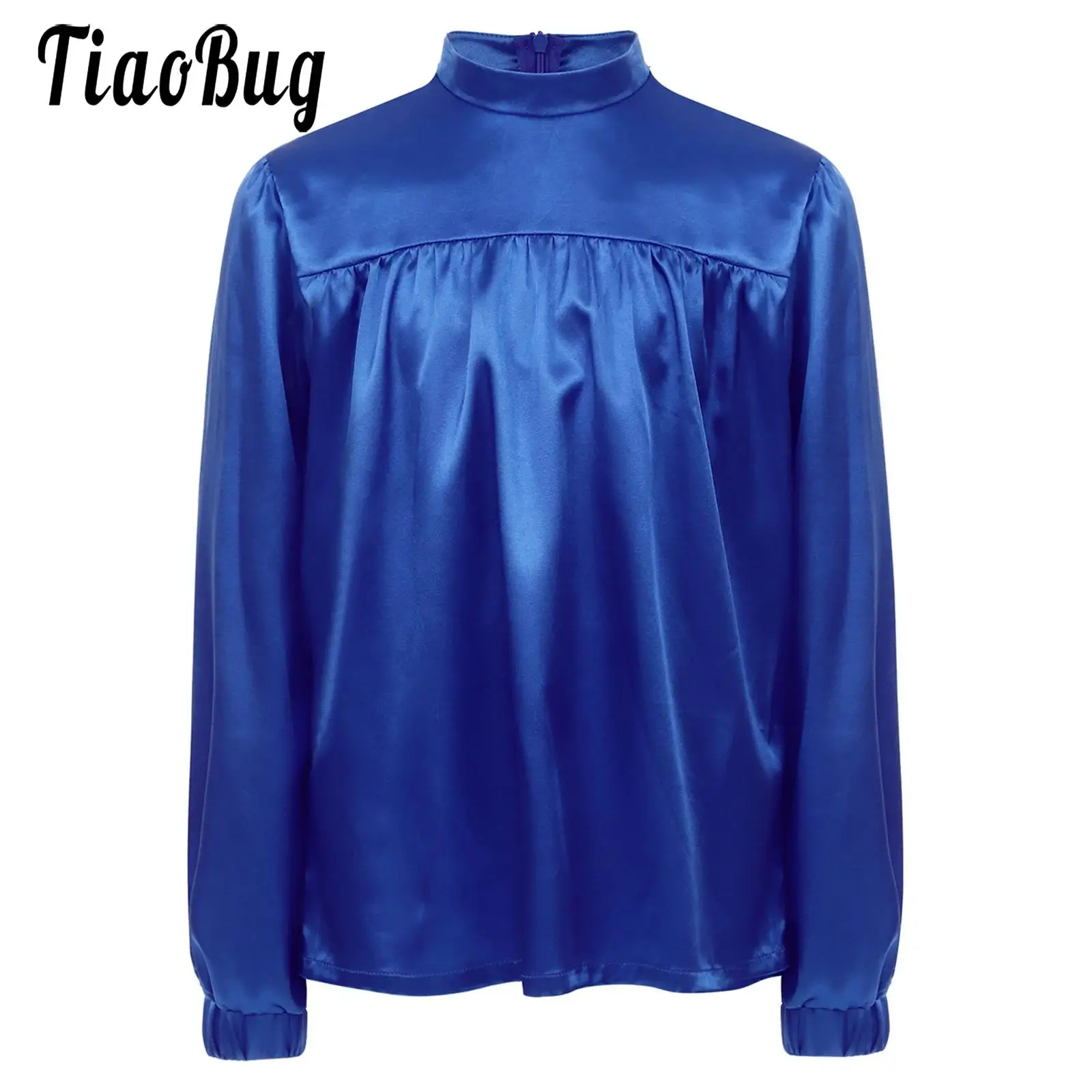 

Children Boys Satin Shirts Praise Liturgical Dance Tops Mock Neck Long Sleeve Back Invisible Zipper Tee Shirts Lyrical Dancewear