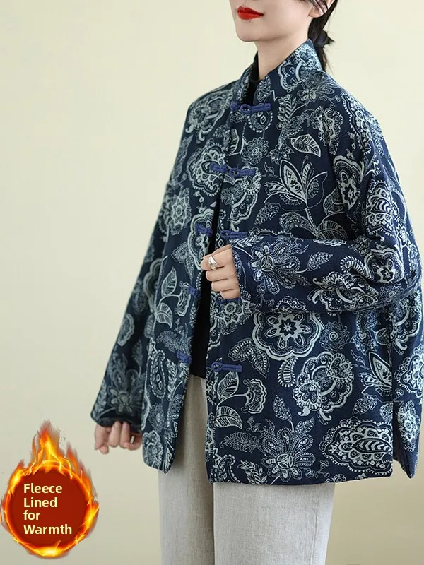 

Thiened Cotton Linen Traditional Chinese Sle Women's Jaet Autumn Winter Warm Loose Fit Button up Long Sve Coat
