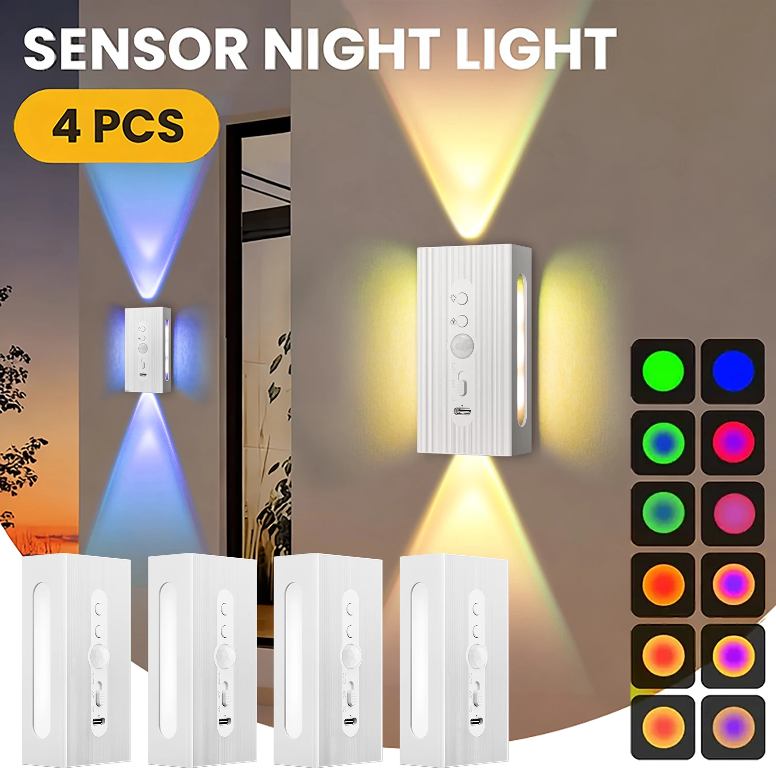 

Умный настенный светильник с градиентом RGB, 8 режимов освещения, магнитный датчик движения, перезаряжаемый через USB светодиодный ночник, домашний декор для шкафа