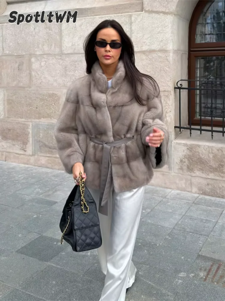 Light Gray Soft Faux Mink Fur Stand Collar Belted Women Jackets Chic Elegant Warm Coat 2026 Winter Daily Office Street Outerwear
