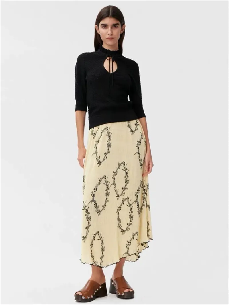 Spring Women's Medium Length Chiffon Sweet Yellow Print Skirts Female Chic Elegant Design Sense Irregular Lightweight Vestidos