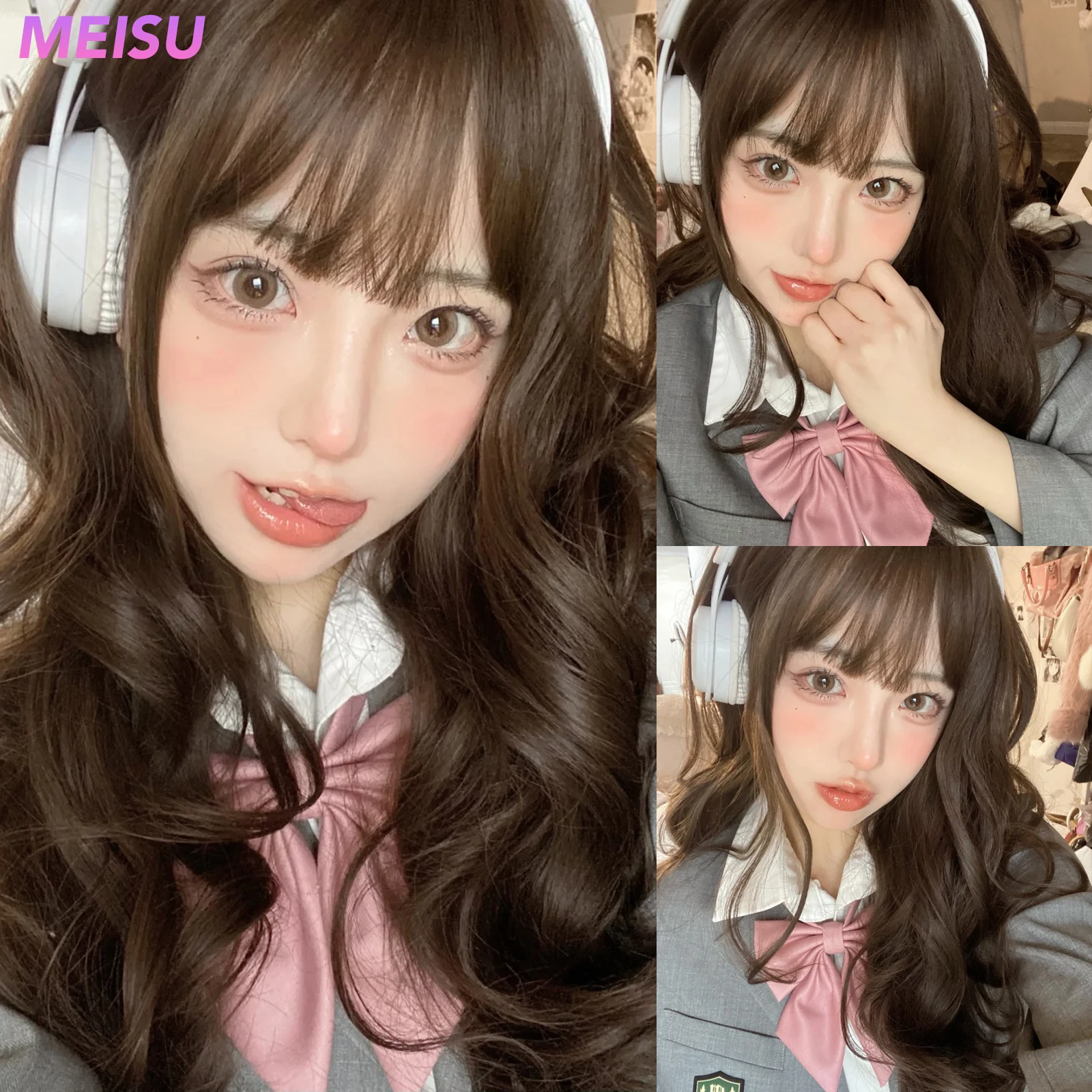 MEISU 26 Inch Curly Wave Bangs Wig Brown Synthetic Fiber Layered Hair Heat-Resistant Natural Smooth Extend Hair Selfie Party