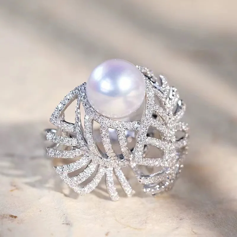 Vintage white pearl rings for women silver 925 micro inlaid diamonds elegant hollow out leaf ring engagement jewelry gift