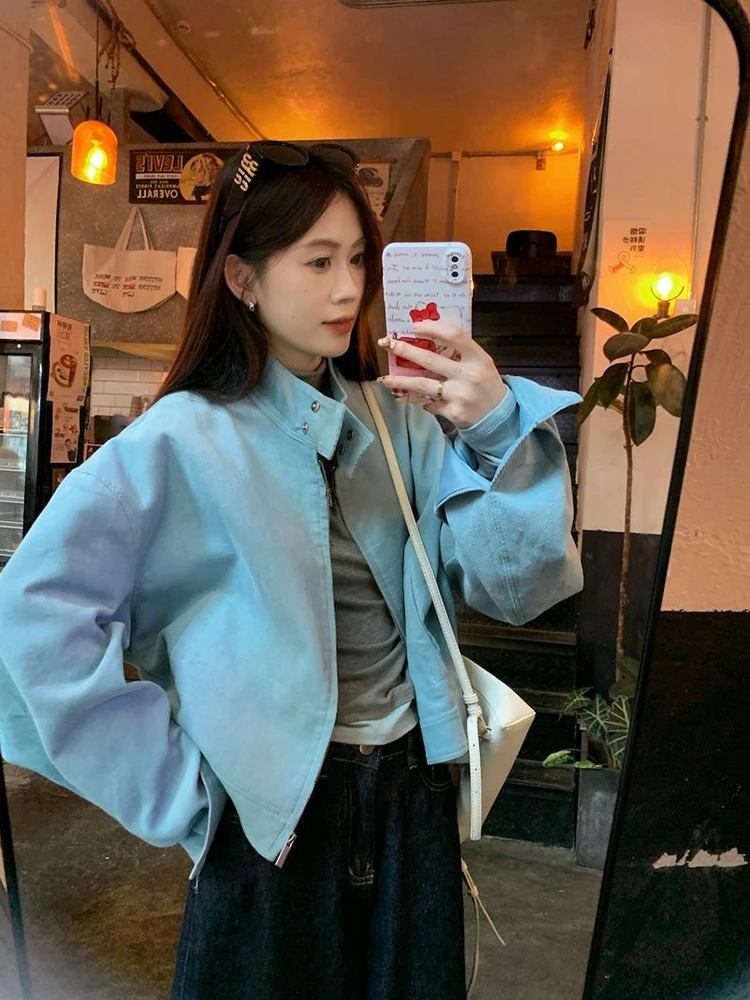 Giacca vintage con cerniera donna autunno blu manica lunga colletto alla coreana cappotti casual larghi coreano streetwear semplice capispalla hottie nuovo