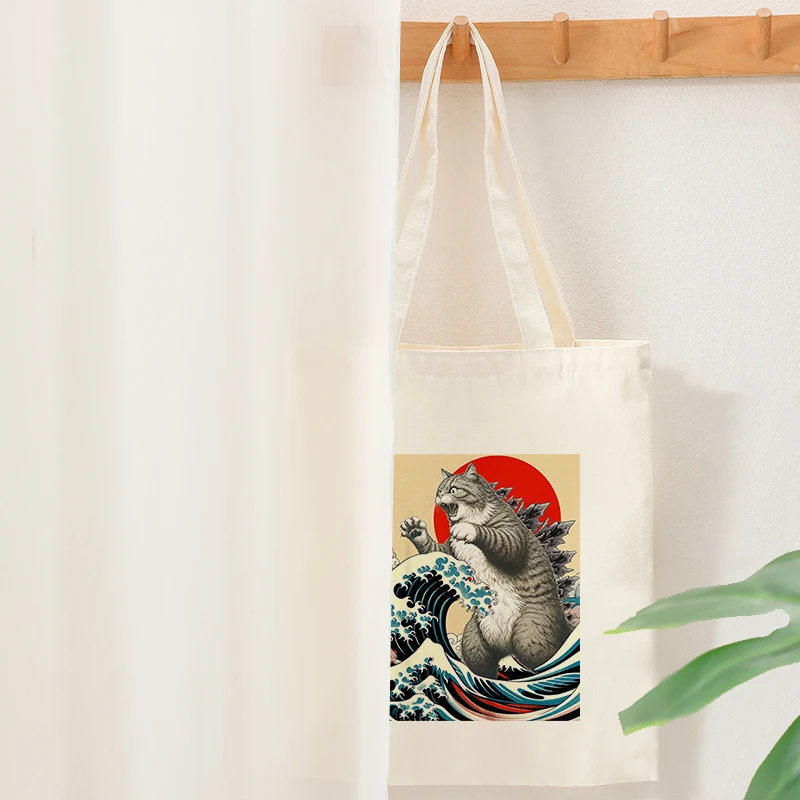 

Catzilla Cat Japanese Art Pattern Tote Bags Girls Back to School Handbag for Women Large Shopping Ecobag Summer Travel Beach Bag