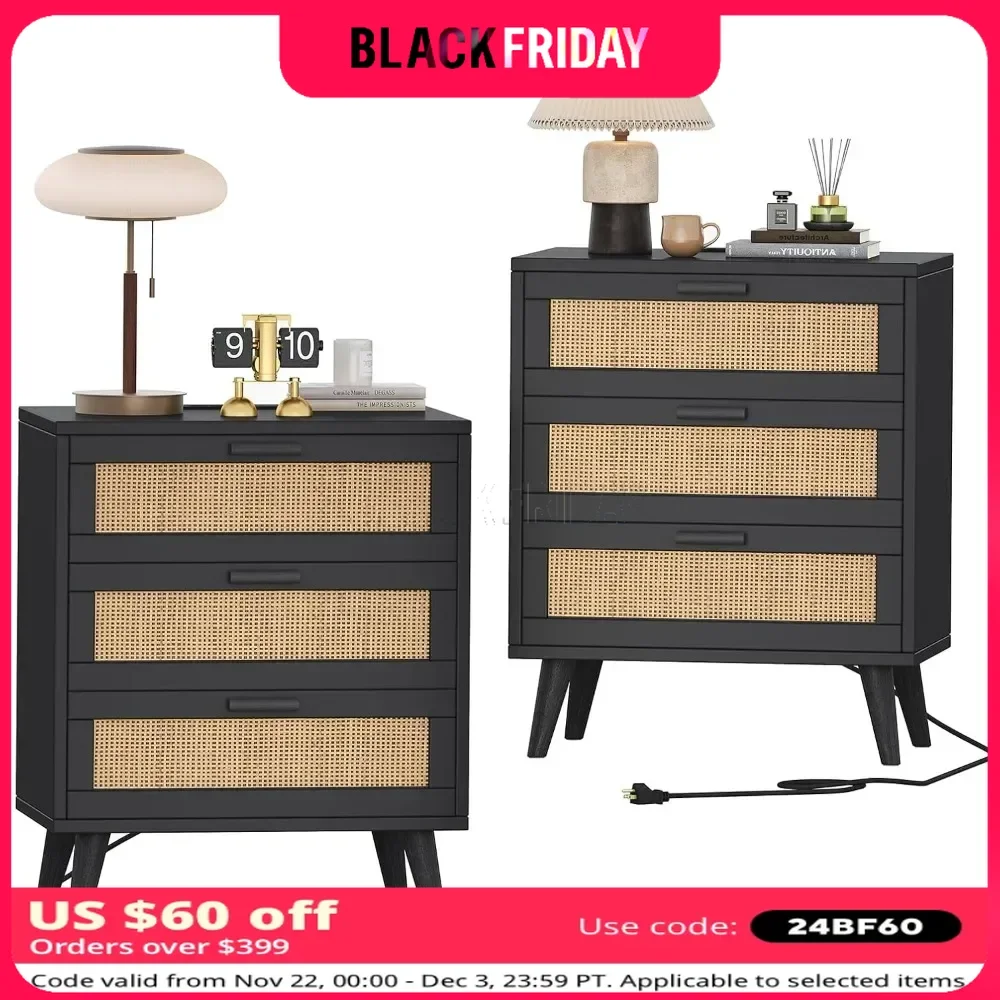 Nightstand Set of 2 with Charging Station Night Stand with 6 Drawer Side Table with USB Port and Outlet 28.5 Inch Bedside Table