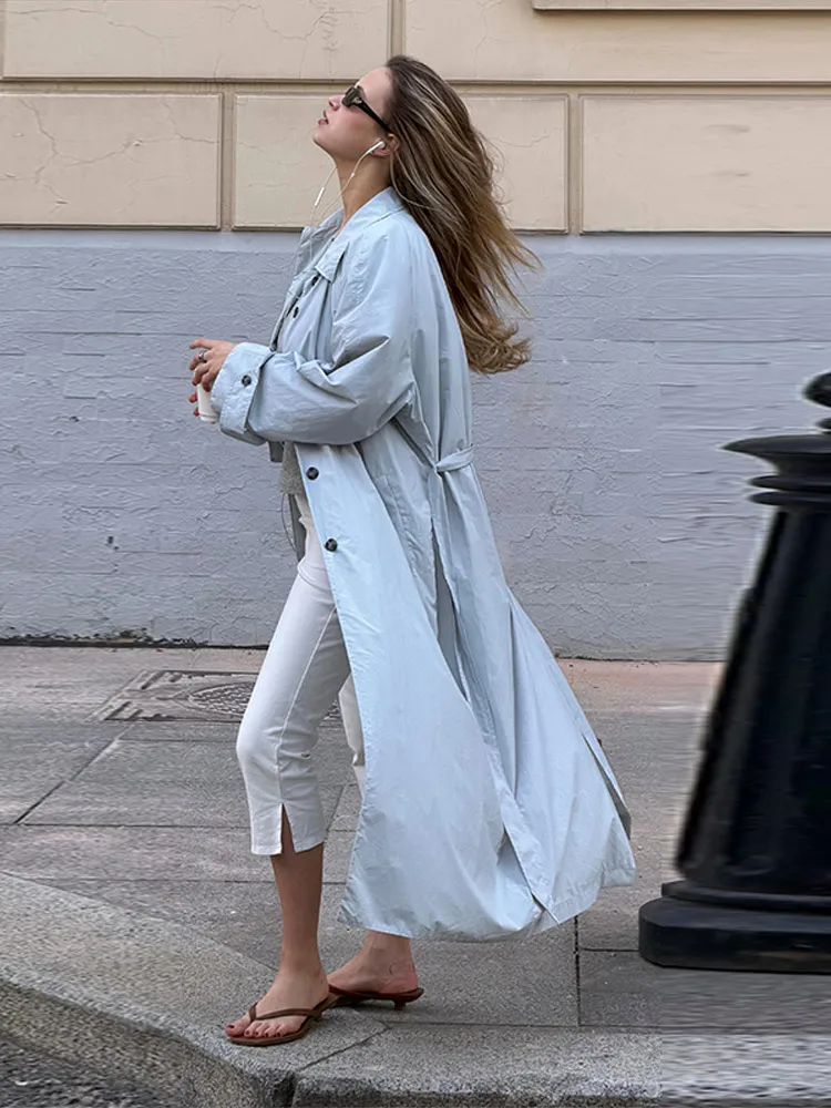 Damenjacken mit Revers, Einreihig mit Gürtel, Dünne Trenchcoats, Streetwear für Frauen, Langarm, Einfarbig, Lockerer Mantel, Neue Damen-Oberbekleidung – Detail 2