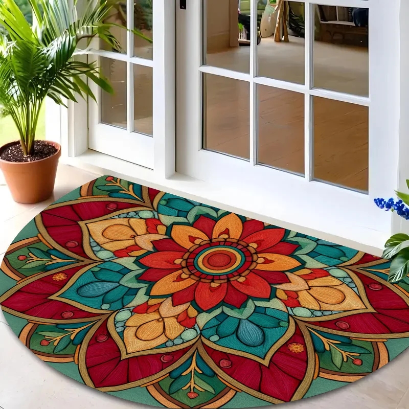 Floral Mandala Half Round Rug Vibrant Red Orange Teal Petals Symmetrical Design Boho Entrance Mat