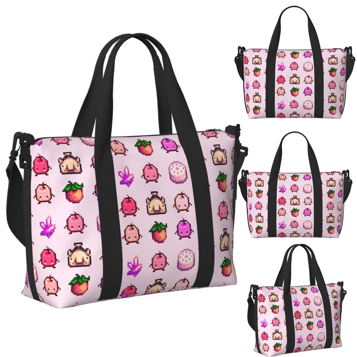 

Custom Stardew Valley Pink Junimo Set Beach Travel Bag Large Capacity Tote Bags for Gym Yoga Women Shopping Duffle Shoulder Bag