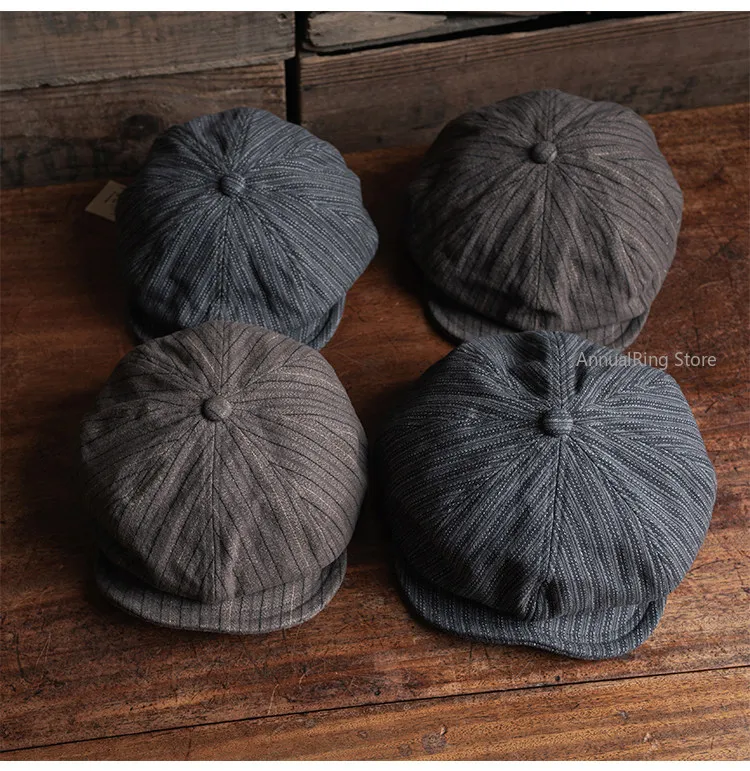 BRONSON Retro Yarn-dyed Stripe Painter Hat, Round Crown Vintage Newsboy Cap for Men Women