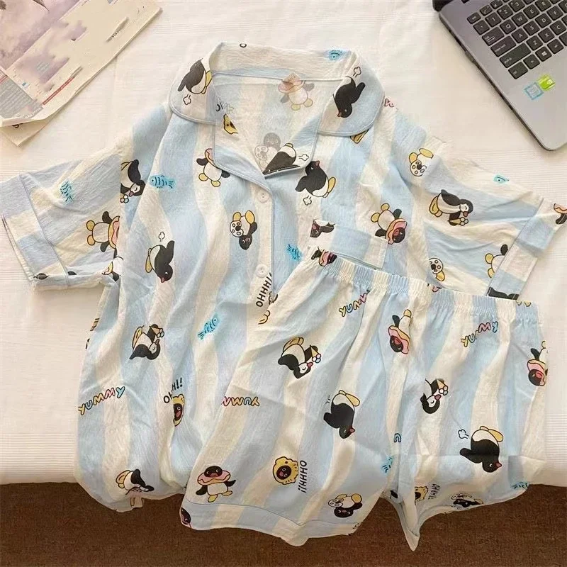 Penguin Print Women Autumn Two Piece Pajama Set Long Sleeve V Neck Top & Elastic Waist Pants 2 Pieces Female Sleepwear Nightwear view 3
