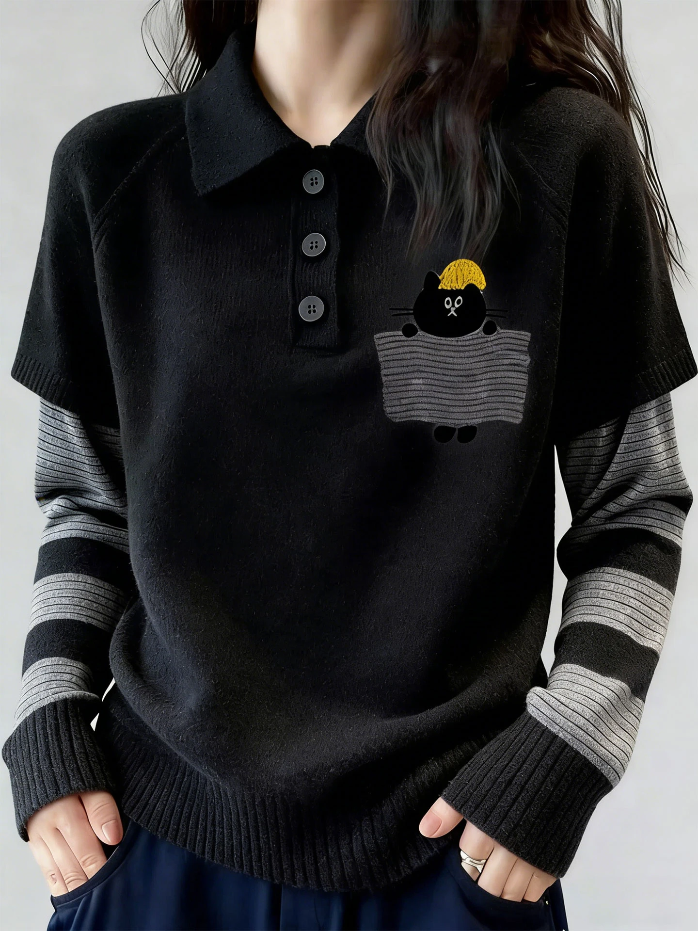 

Korean Sle Striped Splicing Knitwear Collar Loose All-Match Commuting Long Sve Camere Top for Women