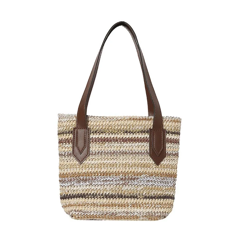 

Elegant Woven Bucket Bag Retro Large Capacity Straw Weaving Handbag Rainbow Stripes Polyester Underarm Pouch Shopping