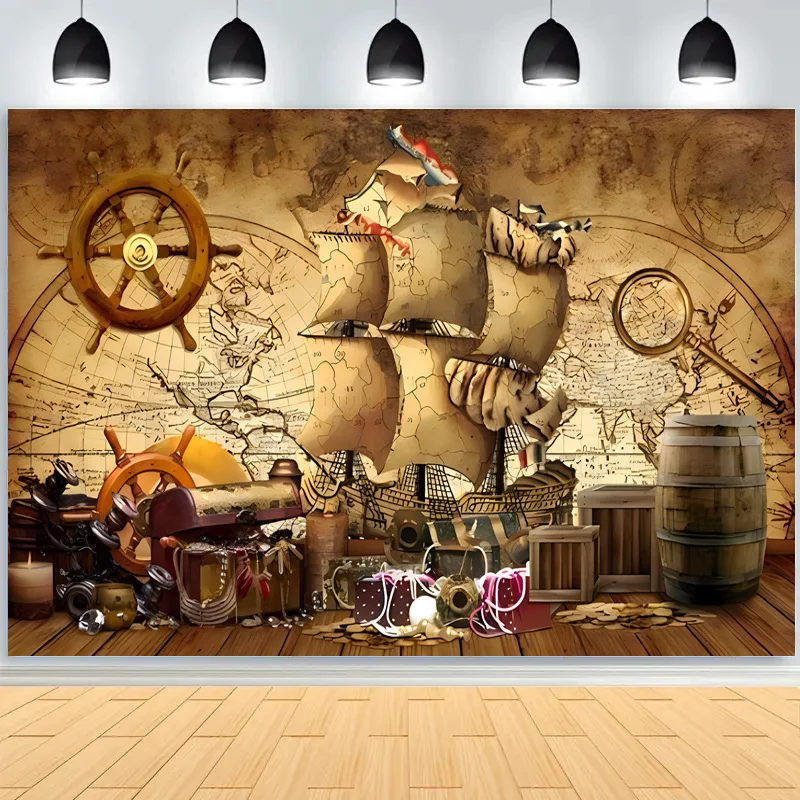 Retro Pirate Treasure Map Backdrop for Photography Nautical Island Background Birthday Party  Boys Portrait Photo Props HD-03