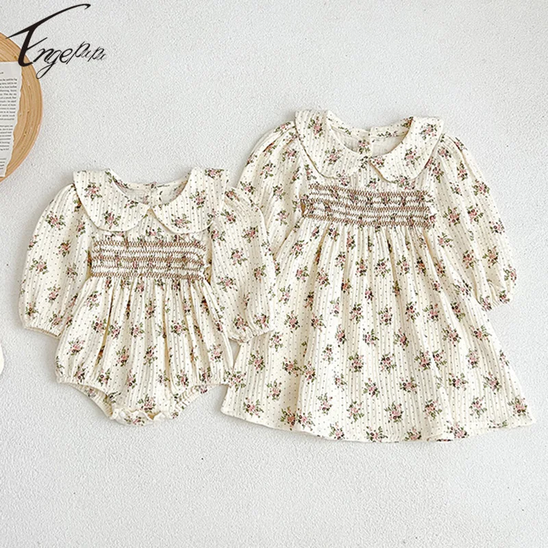 

Vintage style Princess Girls Flowers Dress Infant Girls Long Sleeves Rompers Spring Autumn Dress Children Girls Sister Clothes